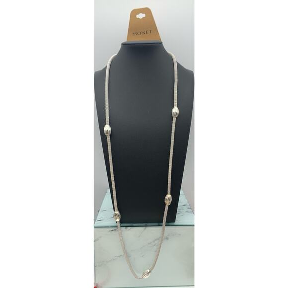 NWT Monet Silver Tone Long Mesh Necklace With Silver Tone Stations 32” - Picture 4 of 5